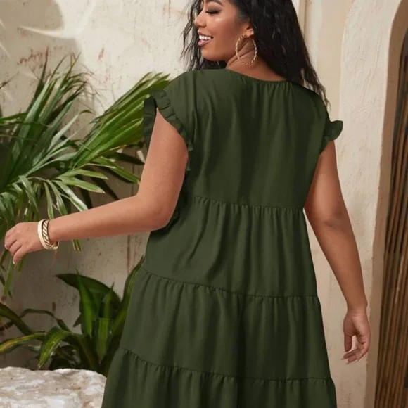 SHEIN Unity Curve Solid V-Neck Army Green Smock Dress 4XL - Picture 3 of 11